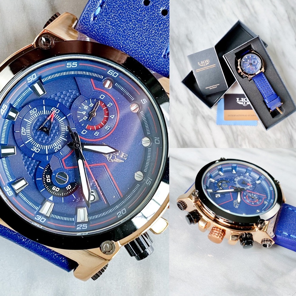 LIGE Watch for Men BLUE Leather Band